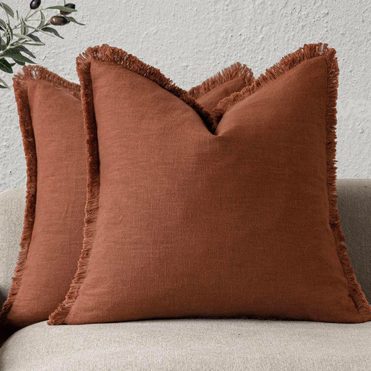 Foindtower Set of 2 Decorative Linen Fringe Throw Pillow Covers Farmhouse Cushion Cover with Tassels Soft Accent Pillowcase for Couch Chair Sofa Bed Living Room Home Decor,18×18 Inch,Fall Rust Orange