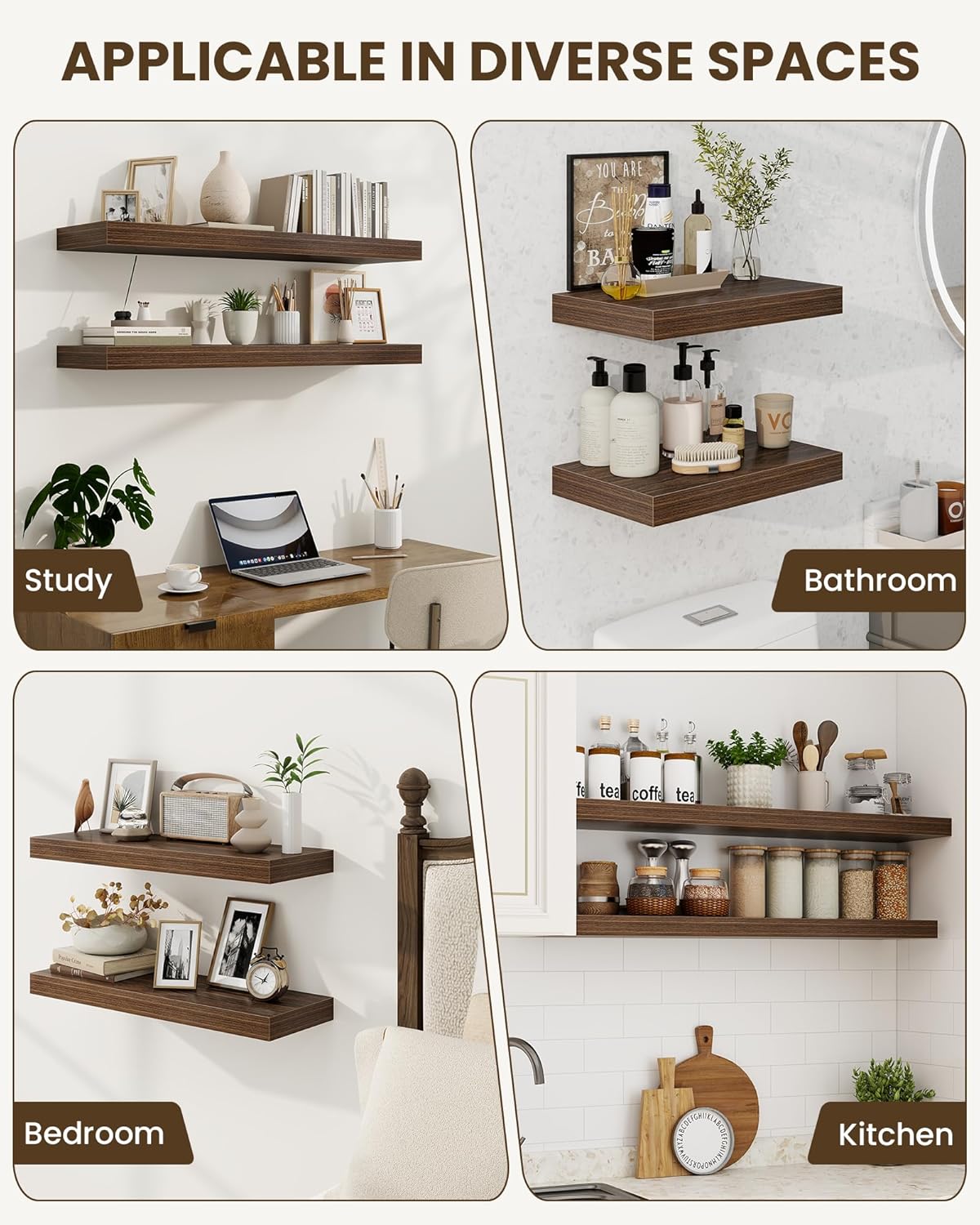 Marsmiles 72" Floating Shelves for Wall, Wooden Shelves with Invisible Brackets Set of 2, Rustic Farmhouse Wall Mounted Shelf for Kitchen Bathroom Living Room Study, Walnut
