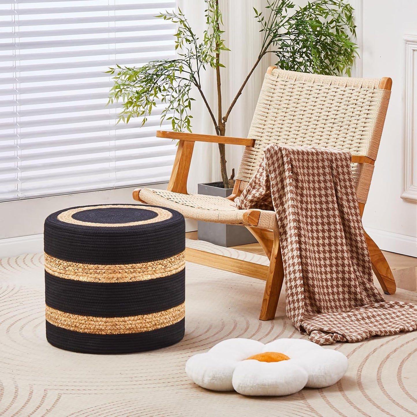 Cplxroc Ottoman Poof, Natural Seagrass Poufs, Hand Weave Round Footstool, Pouffe Accent Chair, Home Decorative Seat, Boho Deco Floor Chair for Living Room, Bedroom (18inch 68LH)