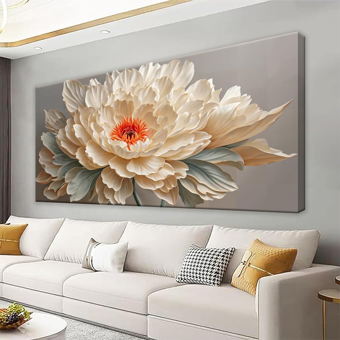 QSQ Canvas Art Wall Decor Yellow Floral Wall Art For Living Room Modern Canvas Decor White Flower Wall Art Prints Pictures For Bedroom Hotel Home Decoration 24 X 48 Inch