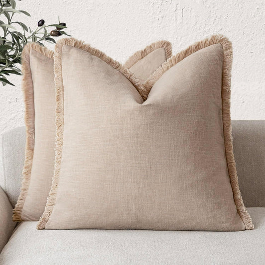 Foindtower Set of 2 Decorative Linen Fringe Throw Pillow Covers Boho Farmhouse Cushion Cover with Tassels Accent Pillowcase for Couch Chair Sofa Bed Living Room Home Decor,22×22 Inch,Tan Beige