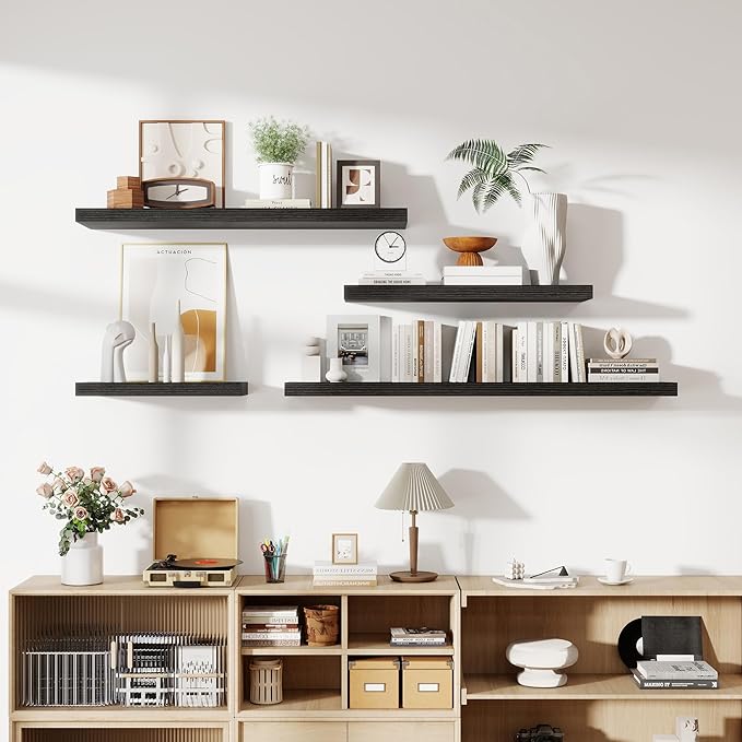 36 Inch Floating Shelves, 11.6 Inch Deep Floating Shelves for Wall, Floating Shelf with Invisible Brackets, Deep Shelves for Bathroom, Bedroom, Living Room, 2 Pack, Black