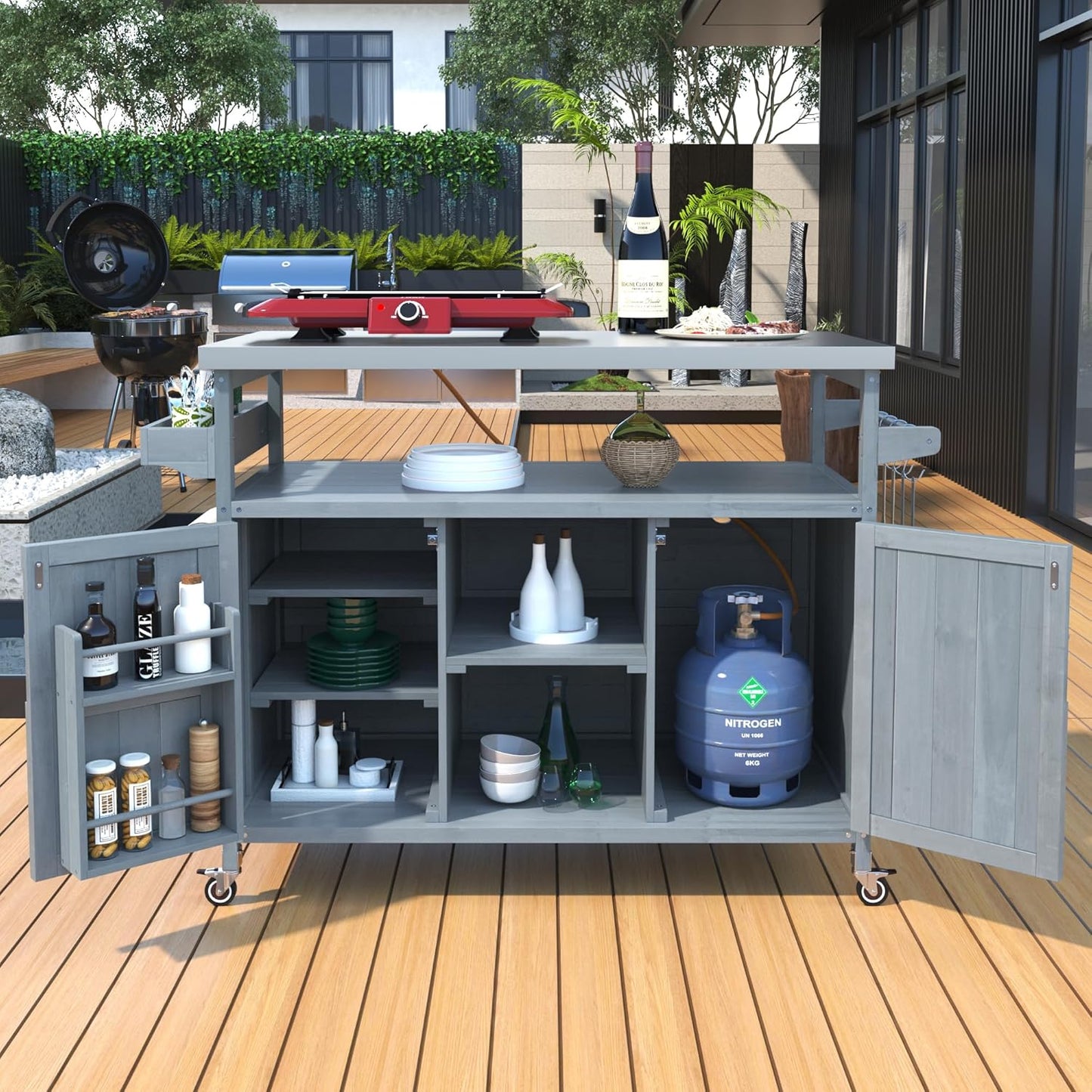 50.25" Outdoor Kitchen Island with Rolling Bar Cart & Storage Cabinet, Farmhouse Solid Wood Grill Table with Stainless Steel Top, Spice Rack & Towel Rack for Kitchen & BBQ (Grey Blue)
