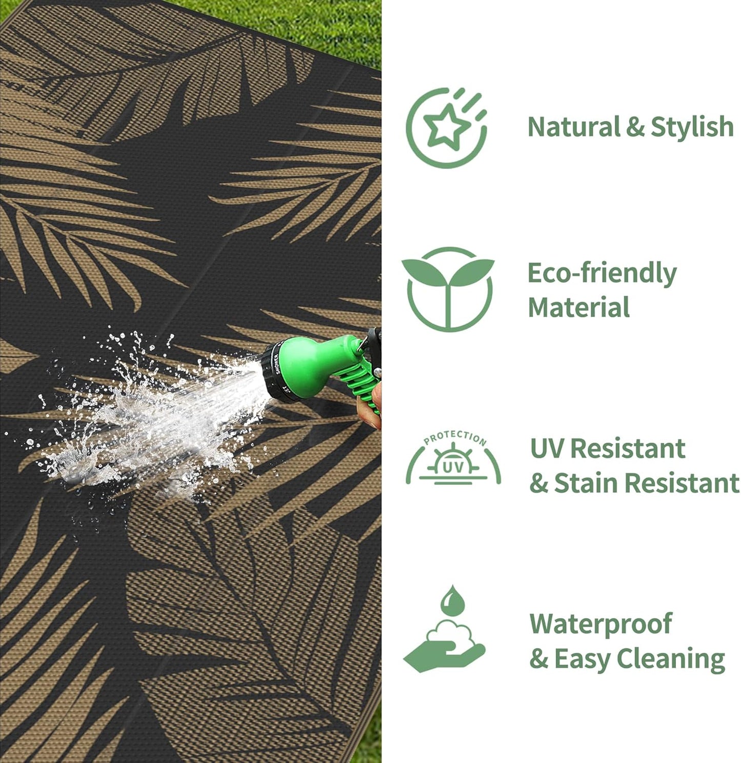 GENIMO Outdoor Rug 8' x 16' Waterproof for Patios Clearance, Reversible Outdoor Plastic Straw Camping Rug Carpet, Large Area Rugs Mats for RV, Camper, Deck, Balcony, Porch, Beach, Picnic, Black&Brown