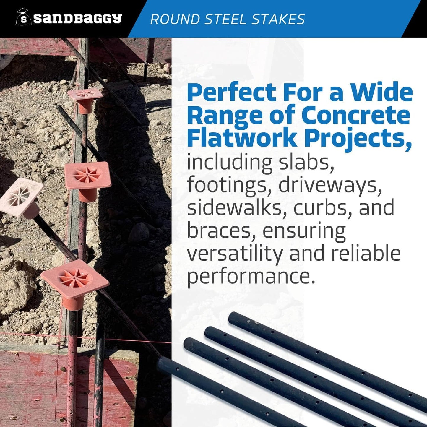 Sandbaggy Round Steel Concrete Form Stakes with Nail Holes - Rust Resistant Coating - Removable, Reusable (200, 3/4 in X 48 in)