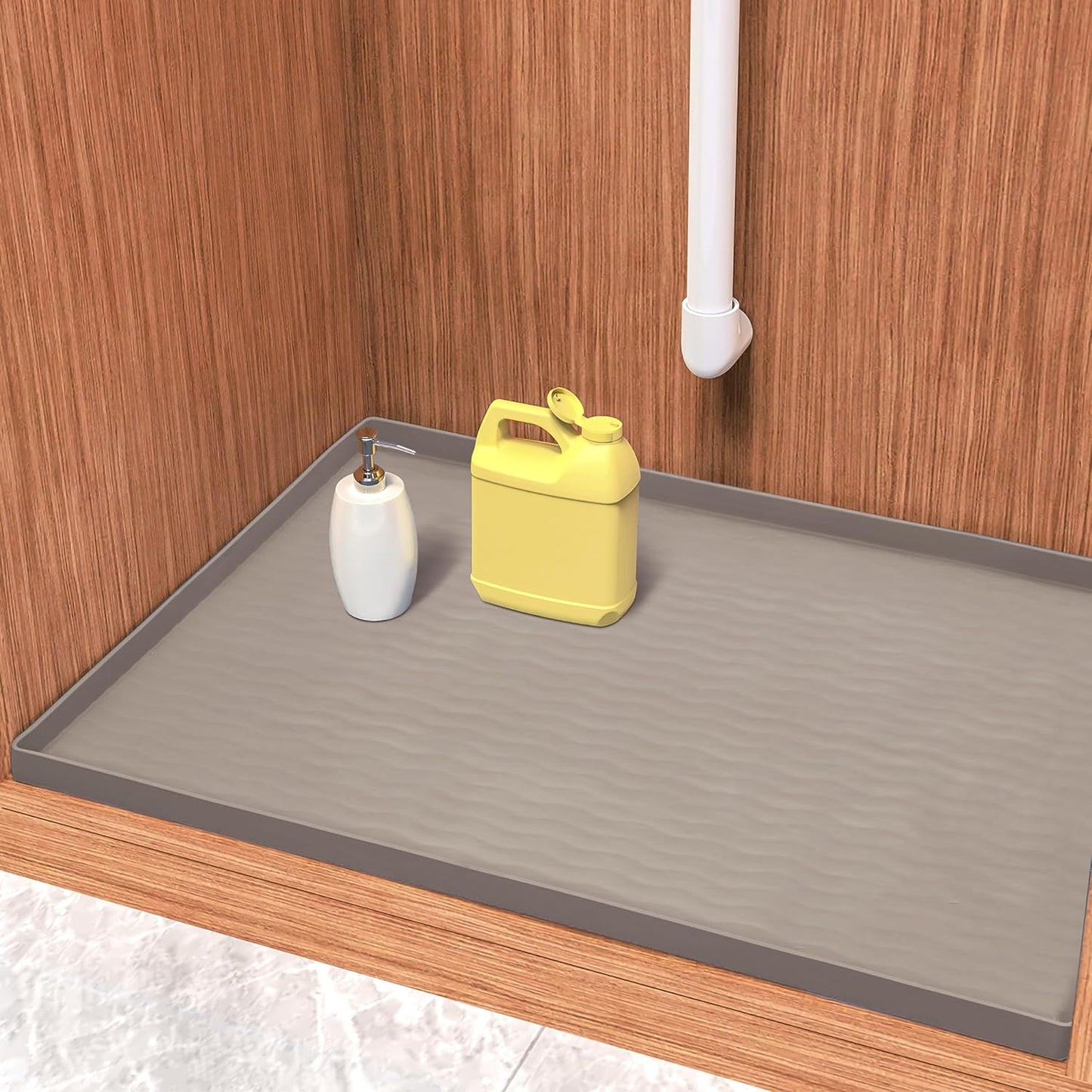URMONA Waterproof Silicone Under Sink Mat 16'' x 10'' Shelf Liner for Kitchen and Bathroom, Cabinet and Counter Protector, Storage and Organizers, Litter Mat, Pet Cat Puppy Essentials(Beige)