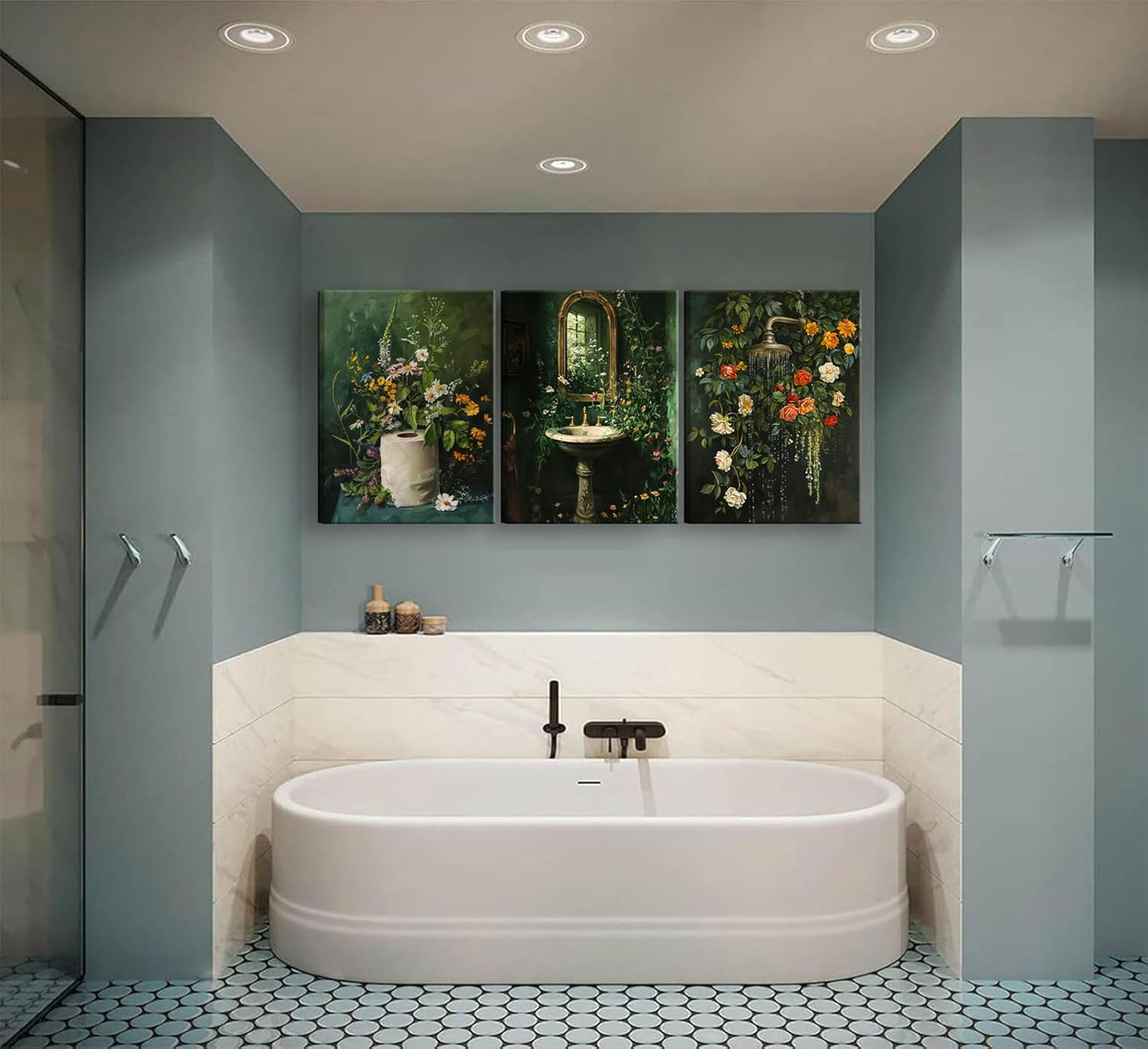 3Pcs Framed Vintage Dark Green Bathroom Wall Art Shower Toilet Paper Roll Floral Poster Print Modern Farmhouse plants Painting Picture Wall Decor For Bathroom Living Room Decoration
