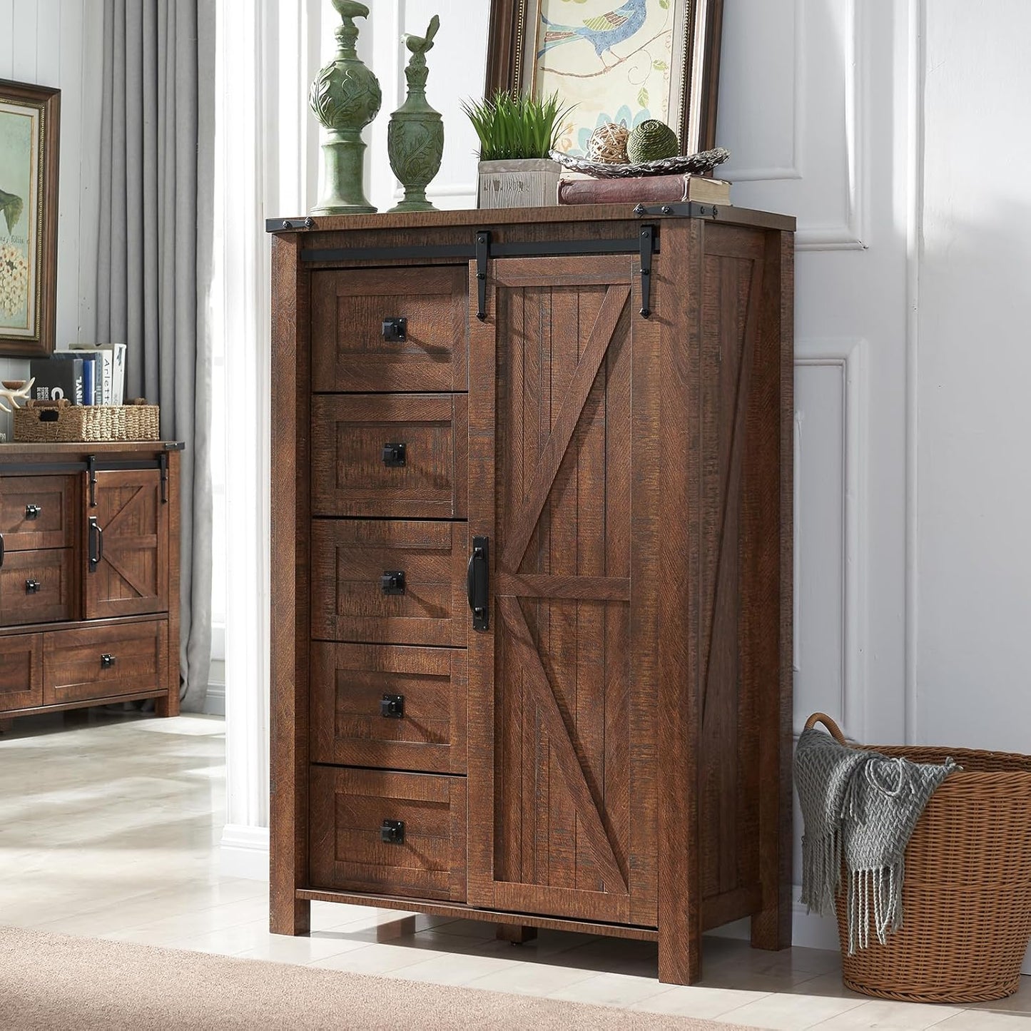 T4TREAM 5 Drawers Dresser for Bedroom w/Sliding Barn Door, Farmhouse Modern Dresser Tall 5 Chest of Drawers, Storage Organizer for Bedroom, Hallway, Living Room, Kids Room, Reclaimed Barnwood