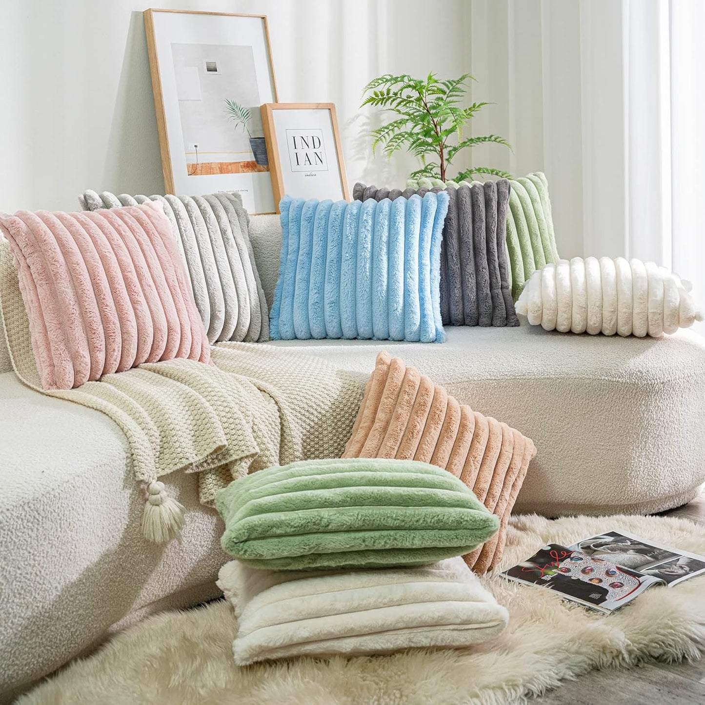DEELAND Pack of 2 Faux Fur Plush Decorative Throw Pillow Covers Fuzzy Striped Soft Pillowcase Cushion Covers for Sofa Couch Bedroom 20x20 inch