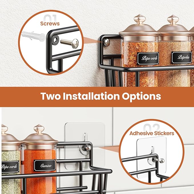 Spice Rack wall mounted 6 Pack, Space-Saving Spice Organizer for Spice Jars and Seasonings,Screw or Adhesive Hanging Spice Rack Organizer for Your Kitchen Cabinet,or Pantry Door