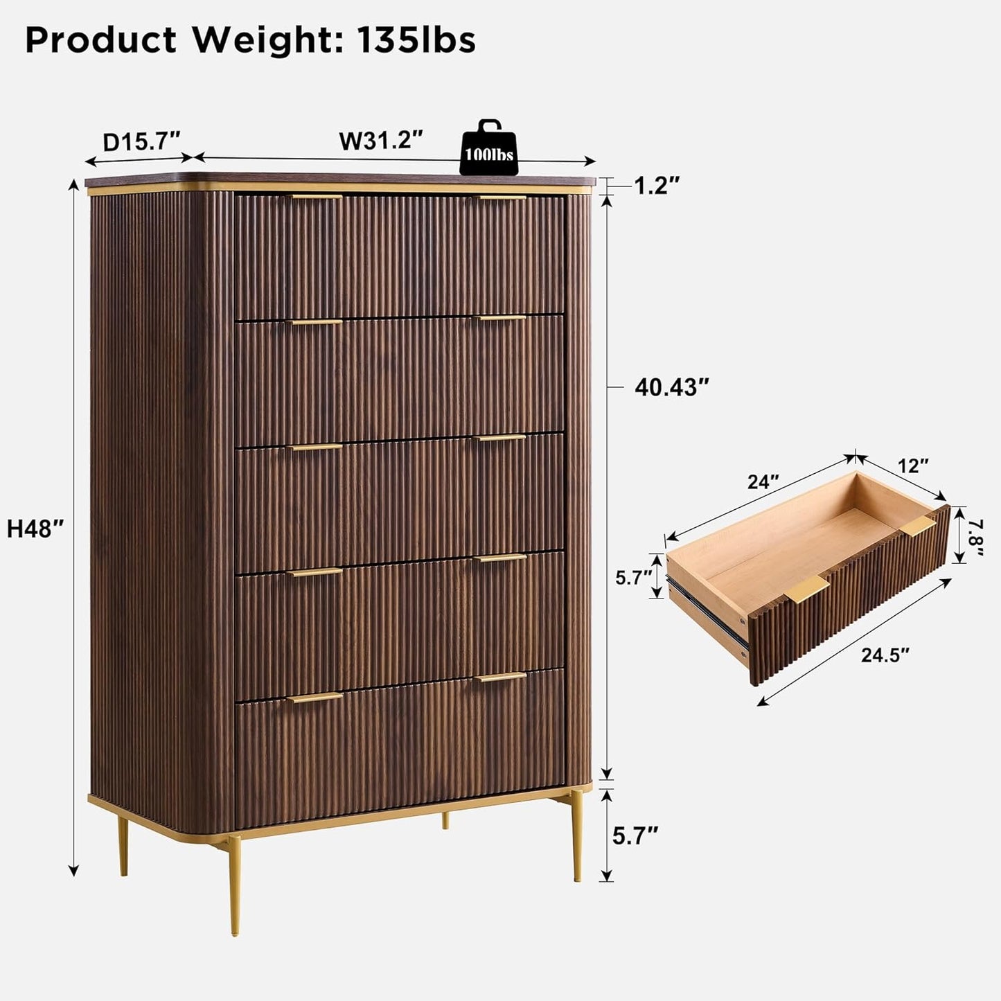 T4TREAM Fluted 5 Drawers Dresser for Bedroom, 48" Tall Modern Dresser Chest of Drawers, Gold Accents, Fluted Fronts, Wood Storage Dressers Organizer for Bedroom, Living Room, Dark Walnut