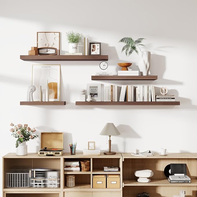 24 Inch Floating Shelves, 11.6 Inch Deep Floating Shelves for Wall, Floating Shelf with Invisible Brackets, Deep Shelves for Bathroom, Bedroom, Living Room, 2 Pack, Walnut