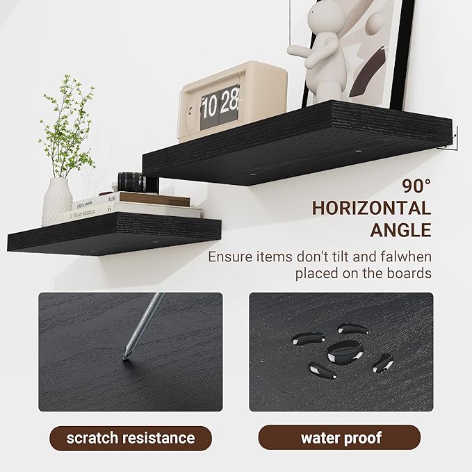 55 Inch Floating Shelves, 55"x9.25"x1.5" Inch Deep Floating Shelves for Wall, Wooden Shelves for Bathroom, Bedroom, Living Room, Black