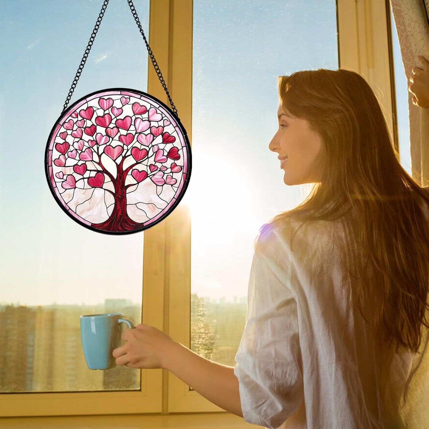 Stained Glass Window Hanging, Pink Love Heart Tree Suncatcher Hangings Beige Sun Catchers Decor for Birthday Holiday for Women, Men, Wife, Aunt, Mom 7.8 in