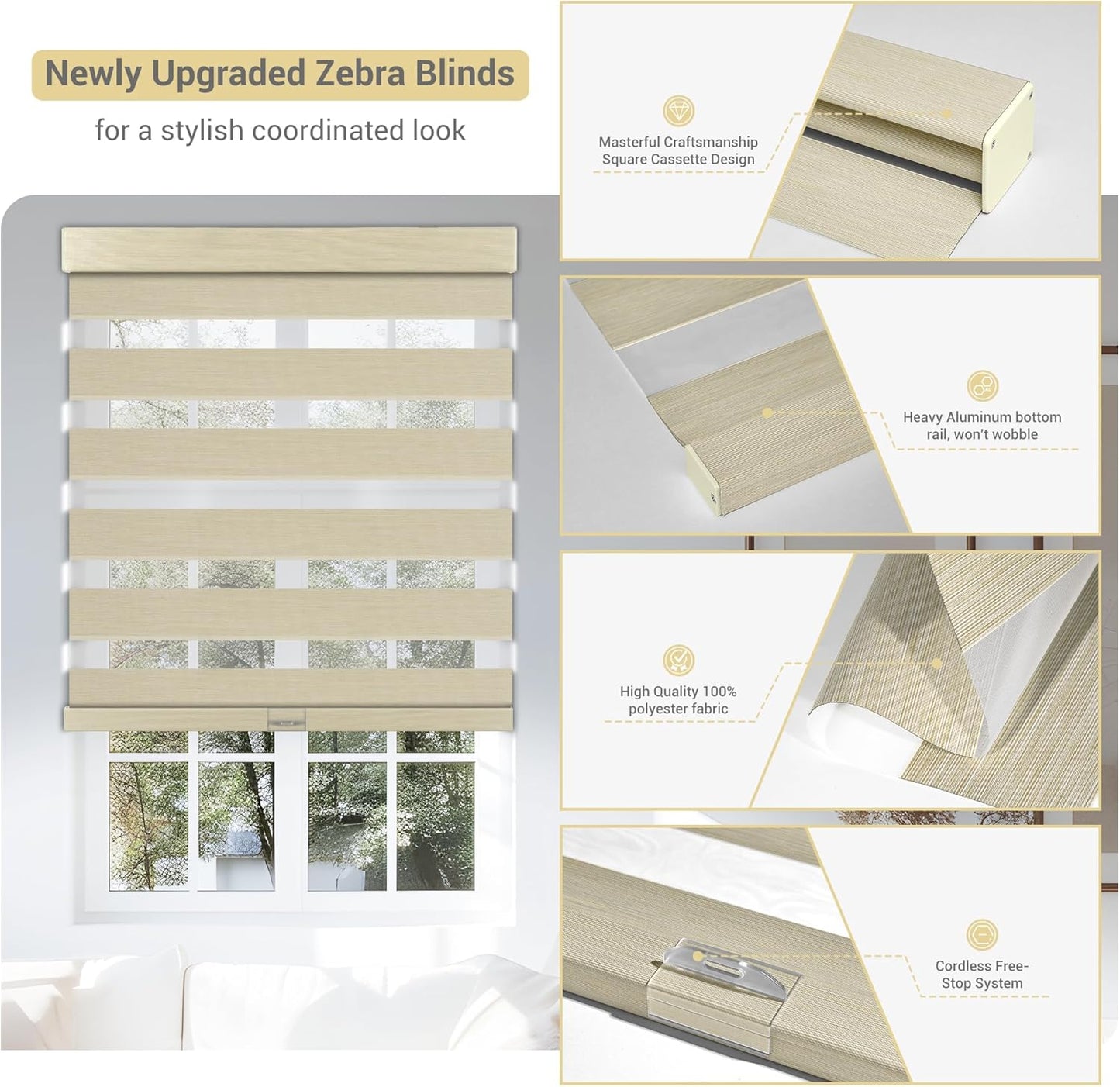 Cordless Zebra Blinds for Windows, Blackout Interior Blinds,Easy to Install,UV Protection,for Offices and Home,Custom Roller Shades, Mousse Beige,32" W x 72" H