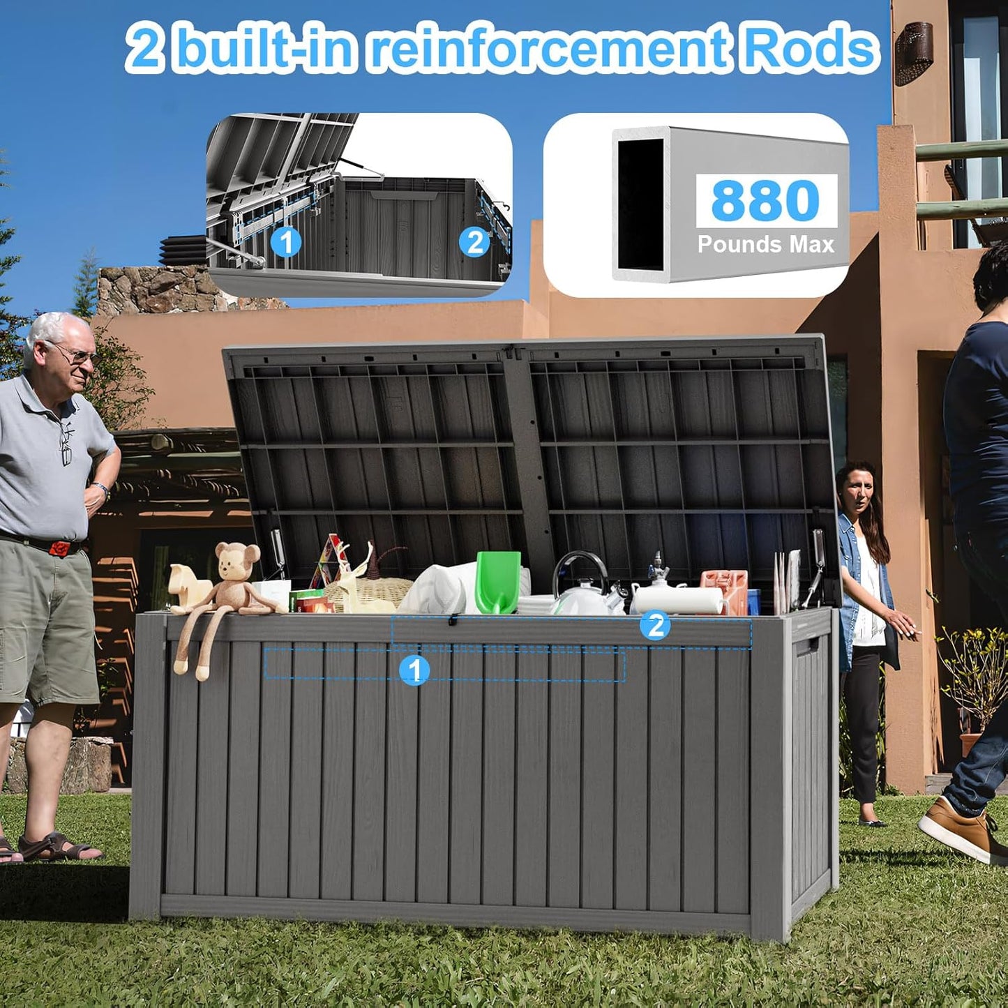 180 Gallon Deck Box,Resin Outdoor Storage Box with Lockable for Patio Furniture, Pool Accessories, Garden Tools Waterproof Outside Storage Box, Grey