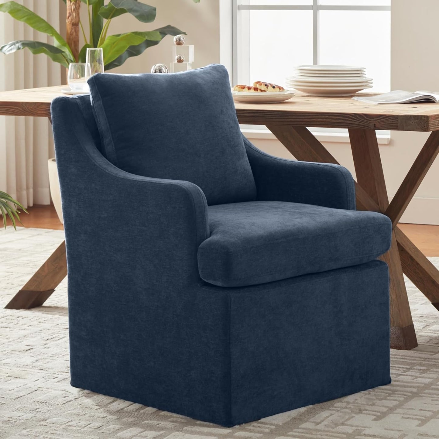 VKNOW Upholstered Dining Chairs Set of 2, Modern Kitchen Chairs Dinner Chairs with 4 Casters, Linen Armchair for Bedroom Reading Room Living Room, Navy
