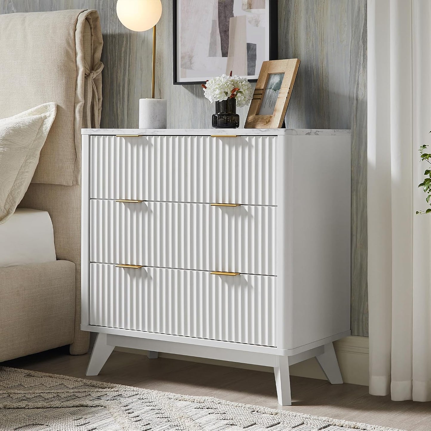 T4TREAM 32" Tall Fluted Nightstand Set of 2, Modern Side Table with Faux Marble Top, 3 Drawers End Table w/Storage, Bedside Table for Bedroom, Living Room, Curved Profile Design, Solid White