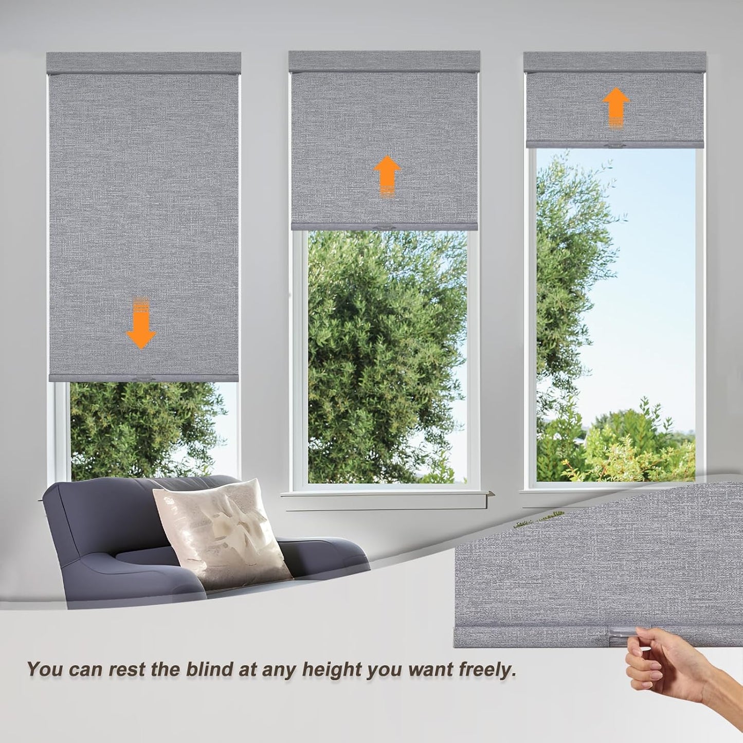 Persilux Blackout Roller Shades for Indoor Windows with Upgraded Cassette, Cordless Shades Window Blinds Pull Down for Doors, Easy to Install for Office/Living Room/Bedroom, Grey(64" W x 96" H)