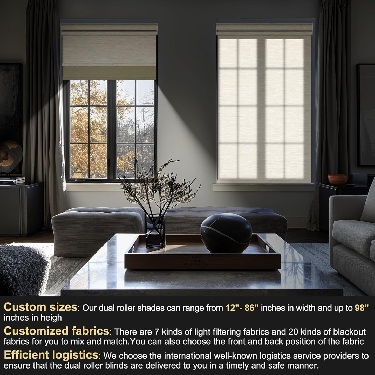 BERISSA Cordless Dual Roller Shades with Cassette Valance,Double Window Shades Blackout and Light Filtering Shades,Day and Night Roller Shades for Home Office Door.Striped Jacquard Beige.27 W x 86" H