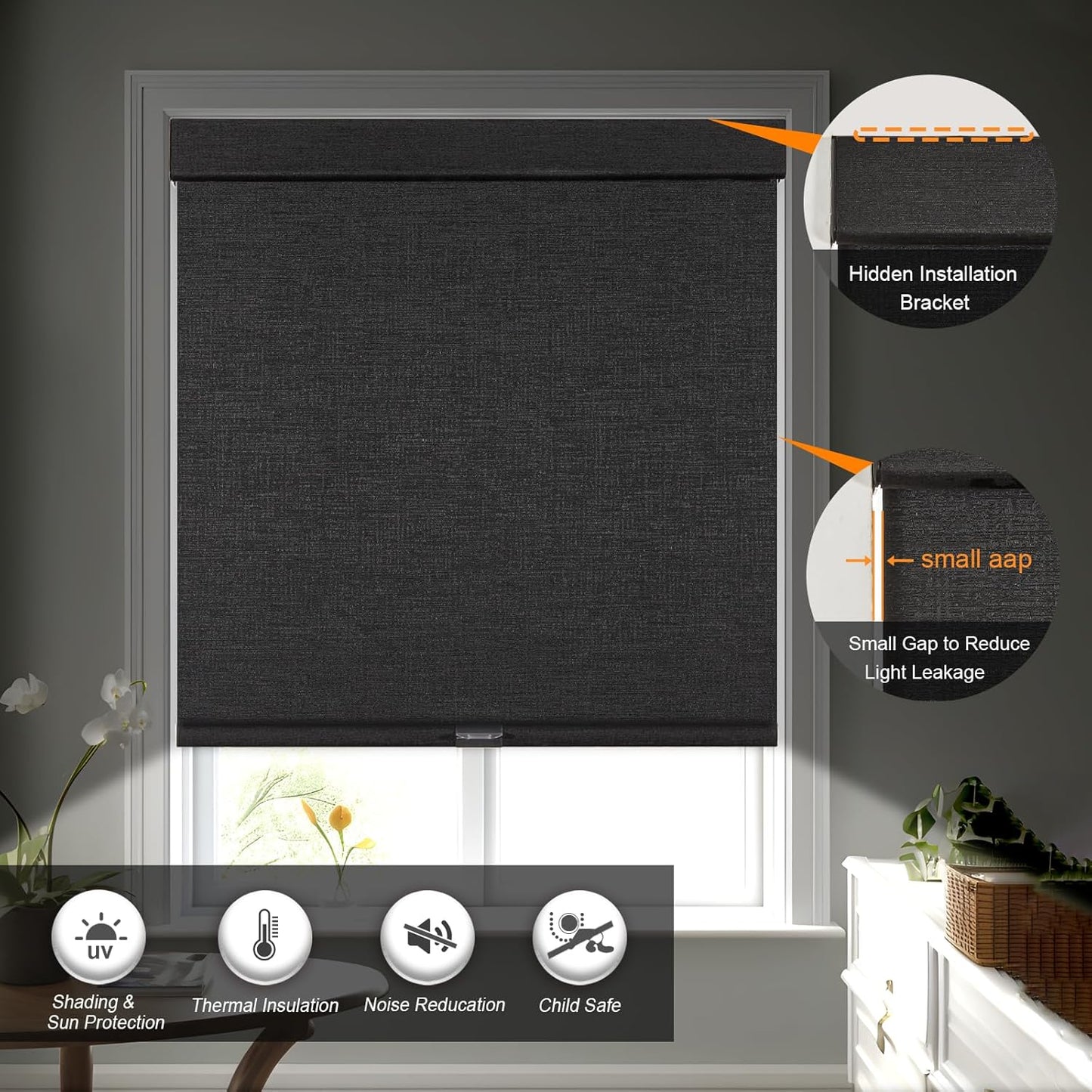 Persilux Free-Stop Cordless Blinds for Indoor Windows with Cover, Window Shades Blackout Roller Blinds, Thermal Insulated Fabric UV Protection for Kitchen, Office, Living Room, Black(68" W x 96" H)