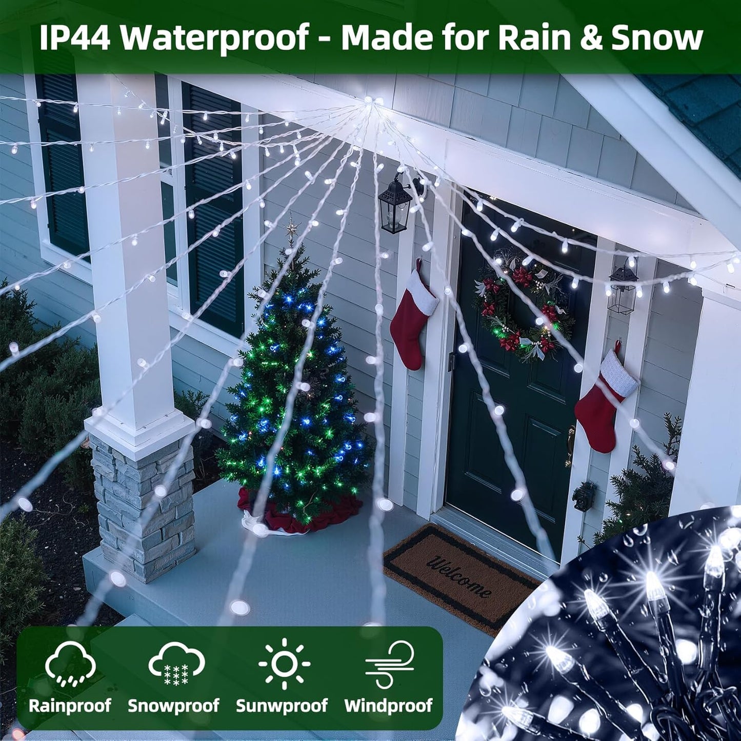 300LED Christmas Lights Outdoor Indoor Use, 12 Lighting Modes 75ft Christmas Tree Lights with Timer, Dimmable Cool White LED StringLights Waterproof for Yard Tree Wedding Party Holiday Cool White