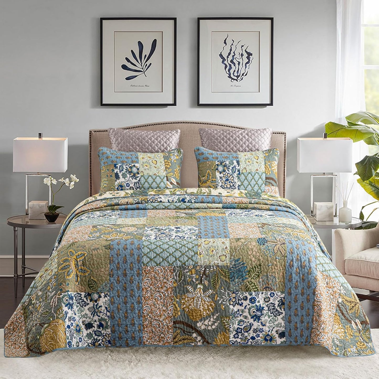 YAYIDAY Quilts Queen Size Patchwork Bedspread - 100% Cotton Reversible Breathable Green Leaves Quilted Quilt with Pillow Shams for All Seasons