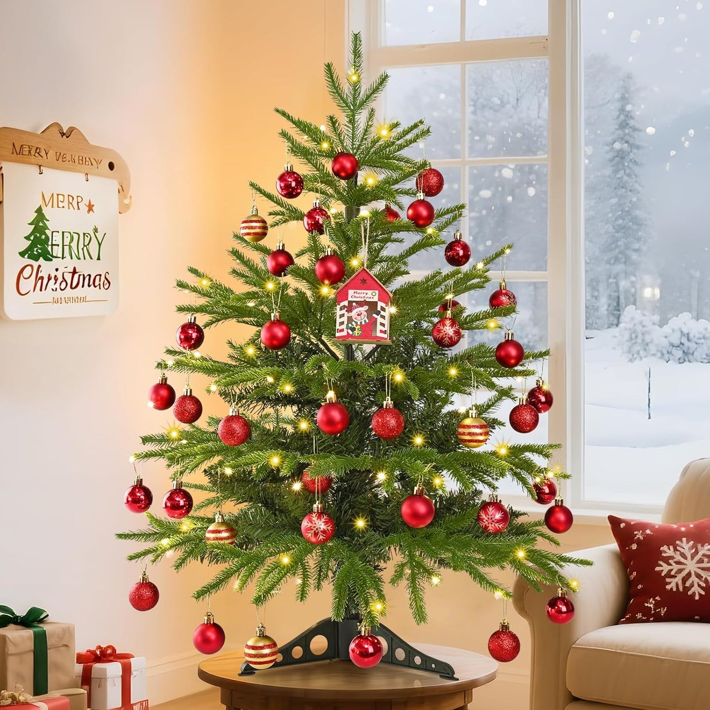MARTINE MALL 3FT Realistic Norfolk Pine Small Christmas Tree with 50 LED String Light, Full Mini Christmas Tree Artificial Tabletop Xmas Trees with Red Hanging Ball Ornaments for Table Home Holiday