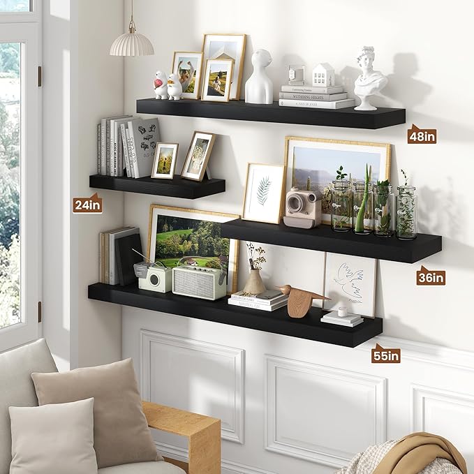 Heimlove 36 Inch Black Floating Shelves for Wall,10 Inch Deep Wood Shelves with Invisible Brackets,Wall Mounted Storage & Display Shelves for Bedroom,Living Room,Kitchen,Office