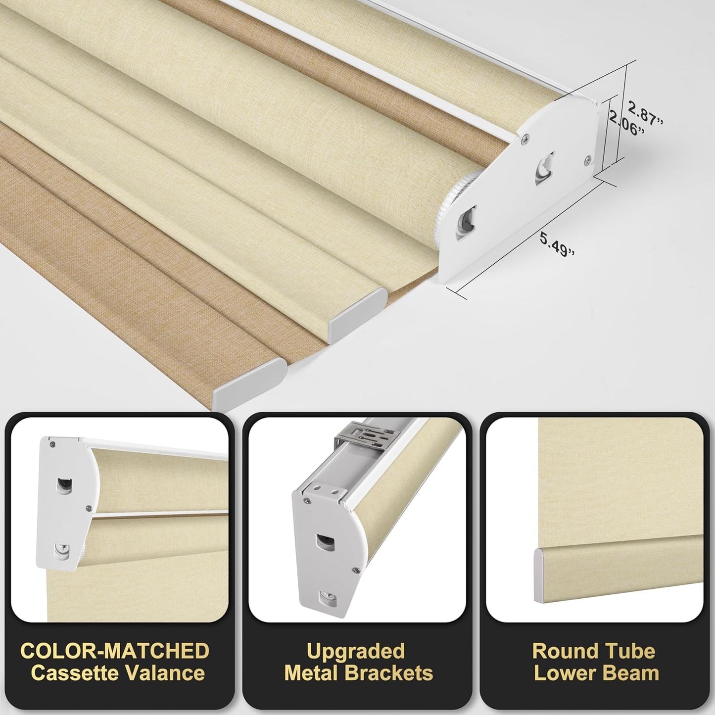 BERISSA Cordless Dual Roller Shades with Cassette Valance, Double Window Shades Blackout and Light Filtering, Day and Night for Home Office Door. Linen Beige. 49 W x 36" H