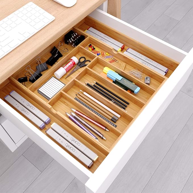 BAMEOS drawer organizer flatware organizer cutlery tray silverware organizer expandable adjustable bamboo drawer organizer kitchen bathroom