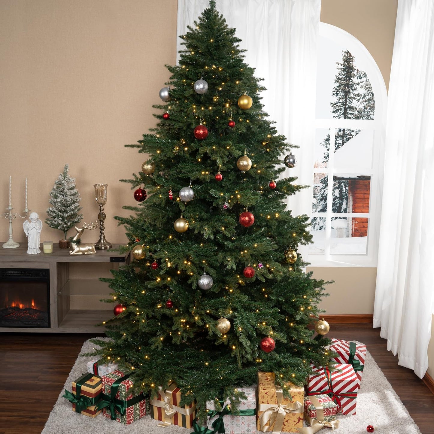 Naomi Home 7.5ft Rustic Christmas Tree with Lights, Realistic Classic Prelit with 3661 Branch Tips, 800 Warm Lights and Metal Stand, Aritificial Tree