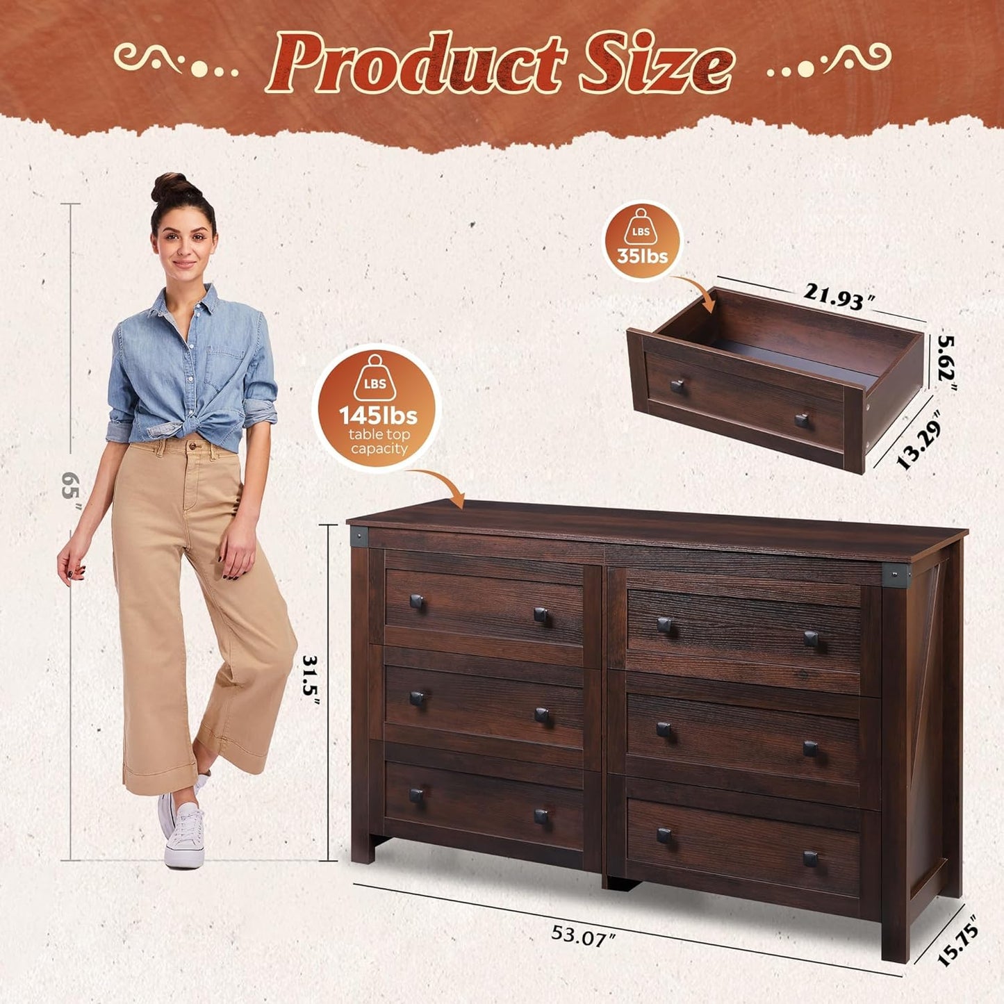 WLIVE Farmhouse 6 Drawer Dresser for Bedroom, 53.07'' Wide Wood Dresser, Storage Organizer with Double Rustic Handle, TV Stand for 60 inch TV, Chest of Drawers for Living Room, Hallway, Brown