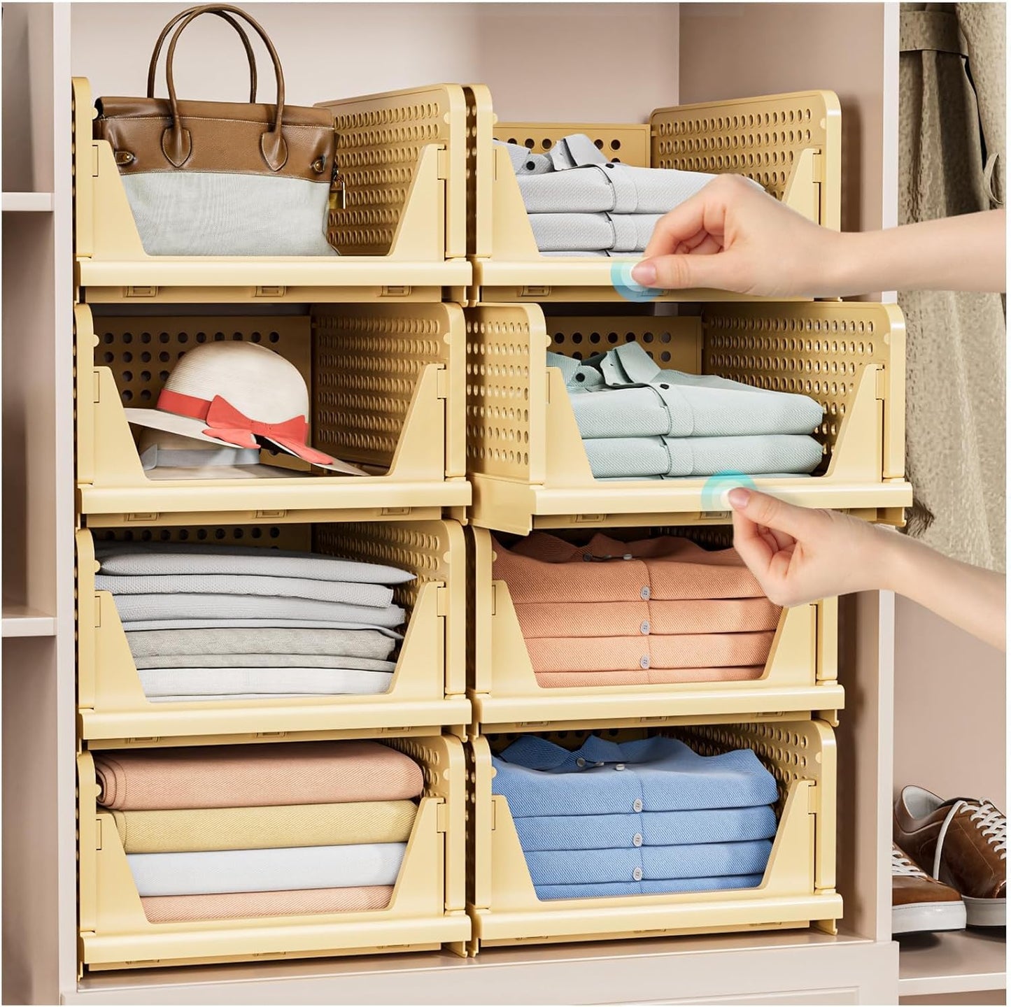 5 Pack Stackable Closet Storage Basket - Stackable Storage Bins, Multifunctional & Foldable Closet Organizer, Wardrobe Cupboard Space-Saving Hat Storage Drawer Organizer, Yellow