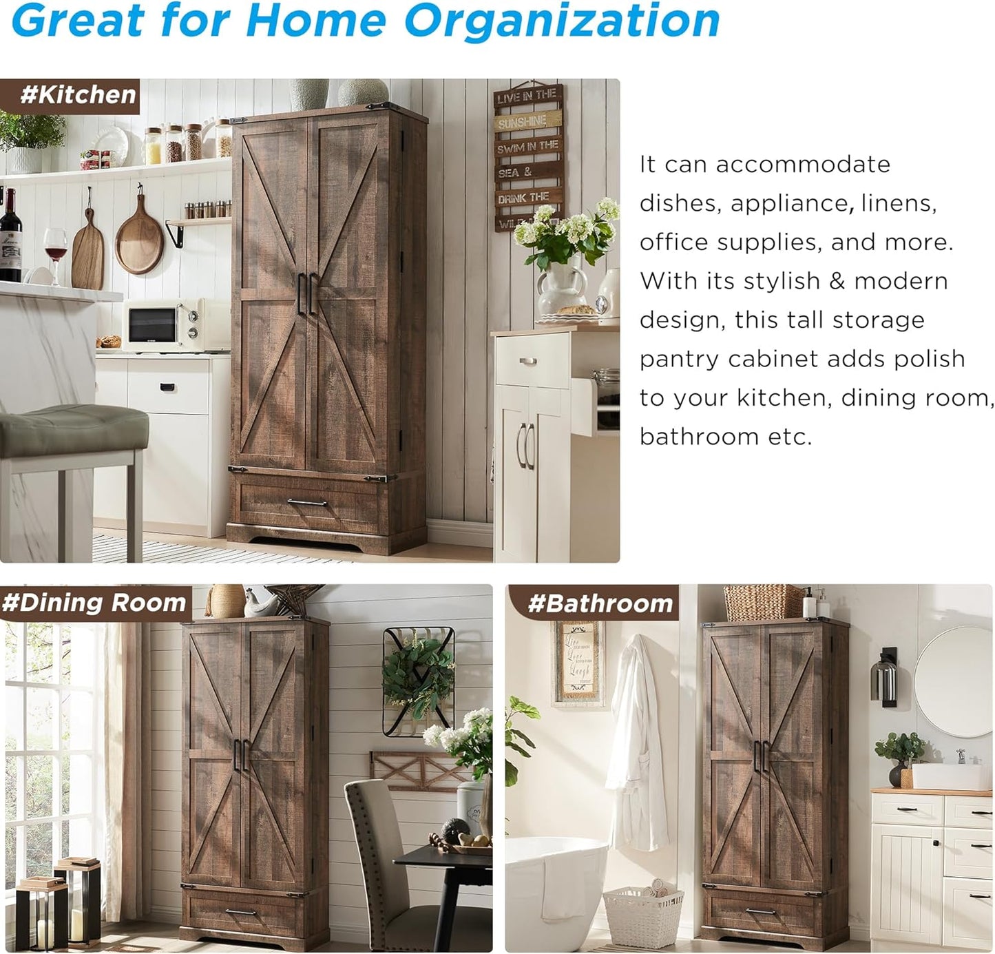 72" Farmhouse Kitchen Pantry Cabinet With Drawer, Tall Storage With 2 Barn Doors and Shelves, Versatile Large Rustic for Dining Room, Bathroom, Living Room, Rustic Brown
