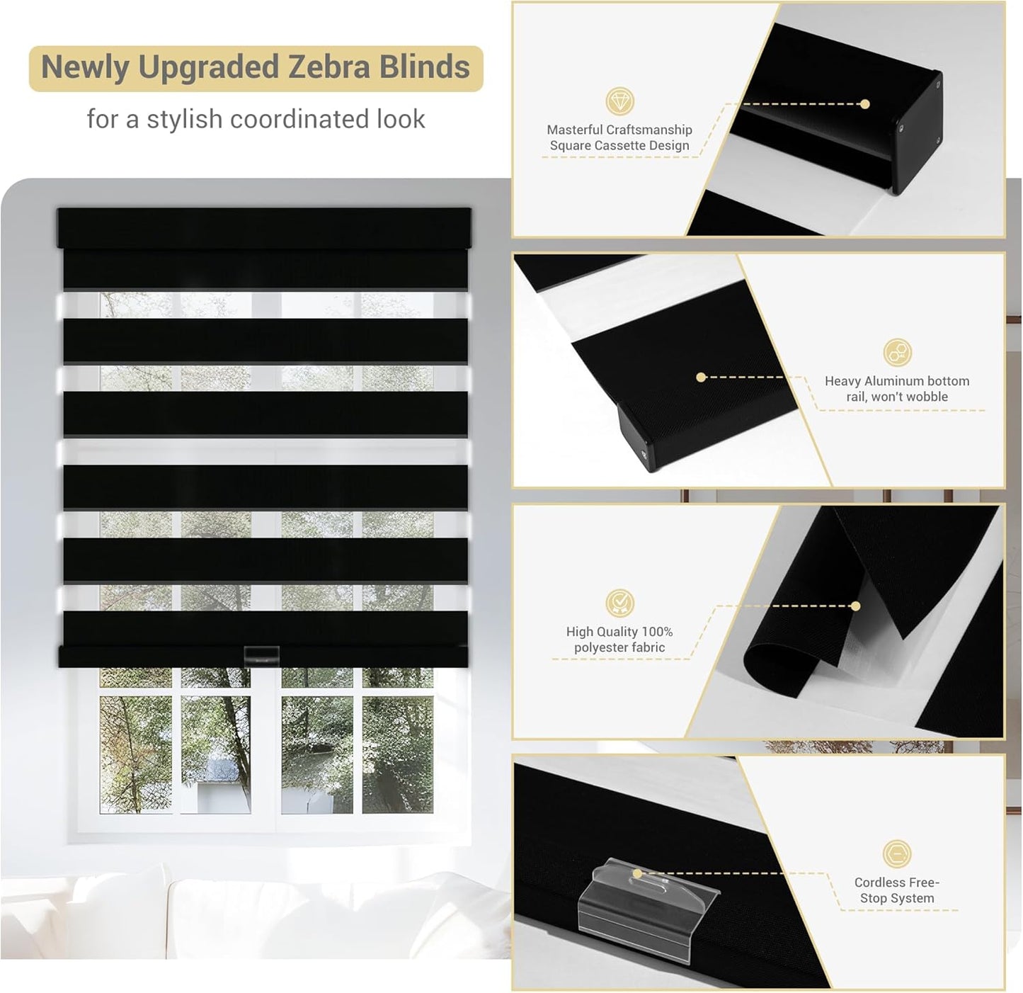 Cordless Zebra Blinds for Windows, Blackout Interior Blinds,Easy to Install,UV Protection,for Offices and Home,Custom Roller Shades, Solid Black, 41" W x 64" H