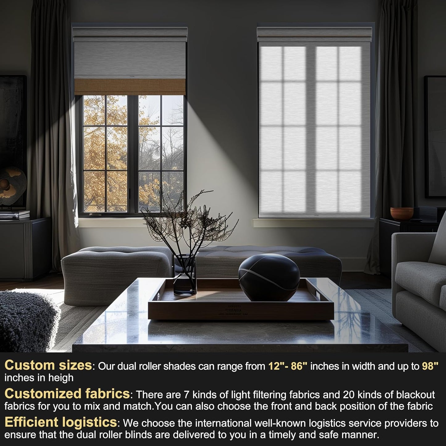 BERISSA Cordless Dual Roller Shades with Cassette Valance, Double Window Shades - Blackout and Light Filtering, Day and Night for Home Office Door. Linen Beige and White. 43 W x 44" H