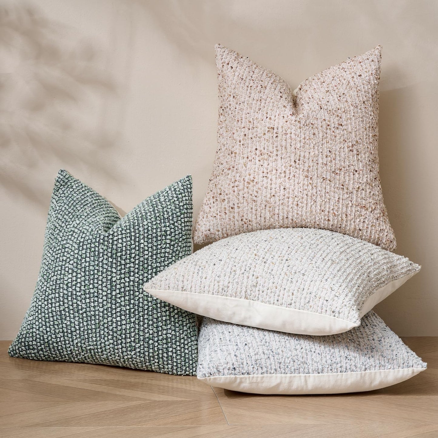 Striped Throw Pillow Covers 16x16 Set of 2 Beige Textured Boucle Chic Morden Boho Accent Farmhouse Square Decorative Couch Pillow Covers for Home Decor Bed Sofa Living Room