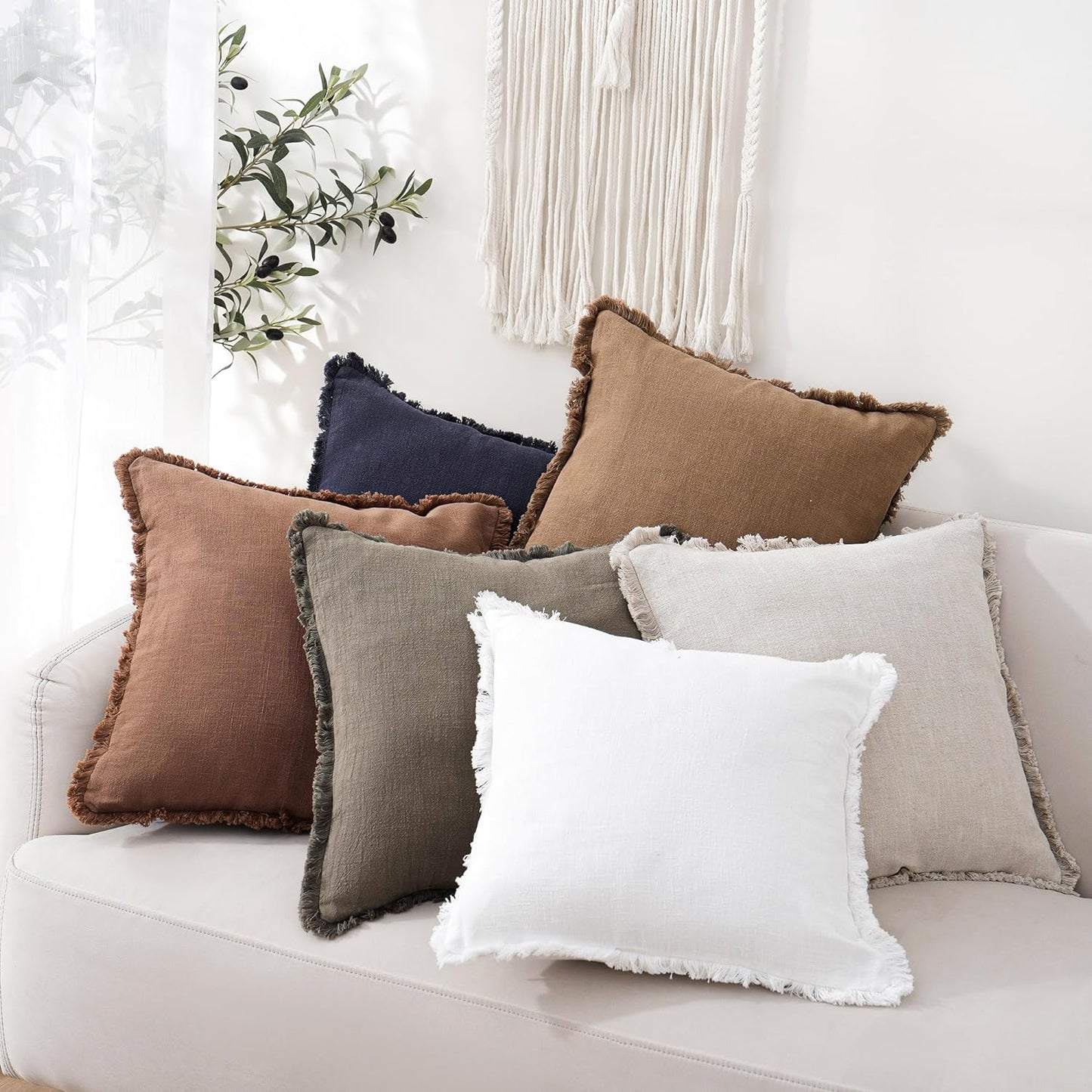 Foindtower Set of 2 Decorative Linen Fringe Throw Pillow Covers Cozy Boho Farmhouse Cushion Cover with Tassels Soft Accent Pillowcase for Couch Sofa Bed Living Room Home Decor, 16×16 Inch, Khaki Brown