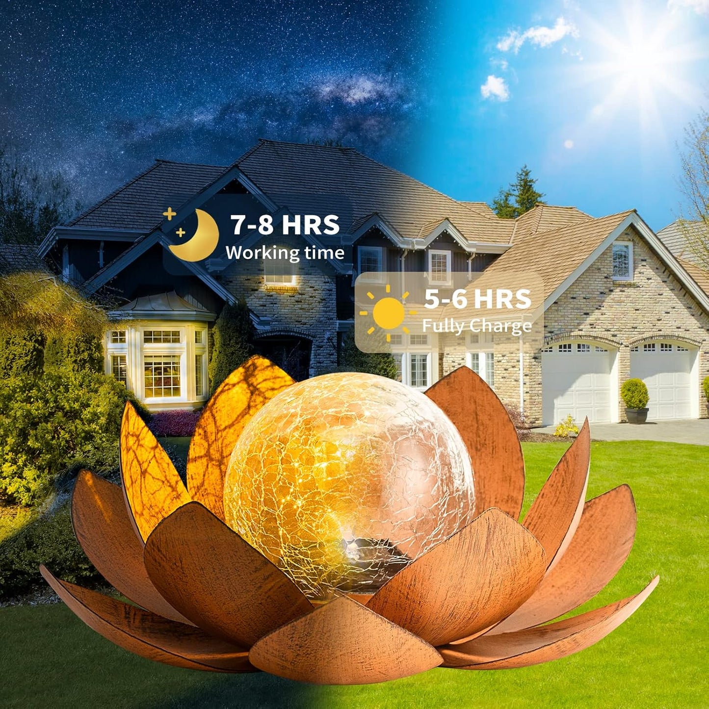 Solar Light Outdoor(2Pack), Art Crackle Globe Glass Lotus Decoration, Solar LED Waterproof Metal Flower Lights for Patio,Lawn,Walkway,Tabletop