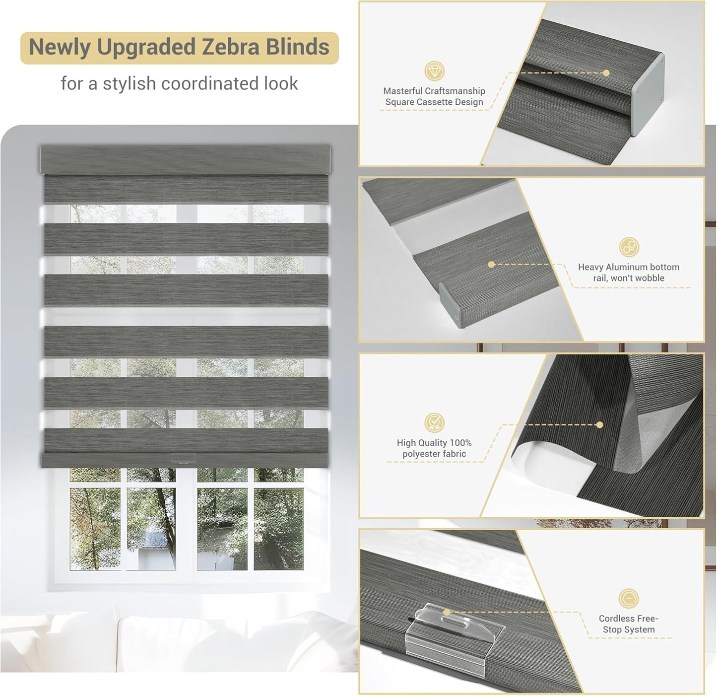 Cordless Zebra Blinds for Windows, Blackout Interior Blinds,Easy to Install,UV Protection,for Offices and Home,Custom Roller Shades, Mousse Grey,66" W x 80" H