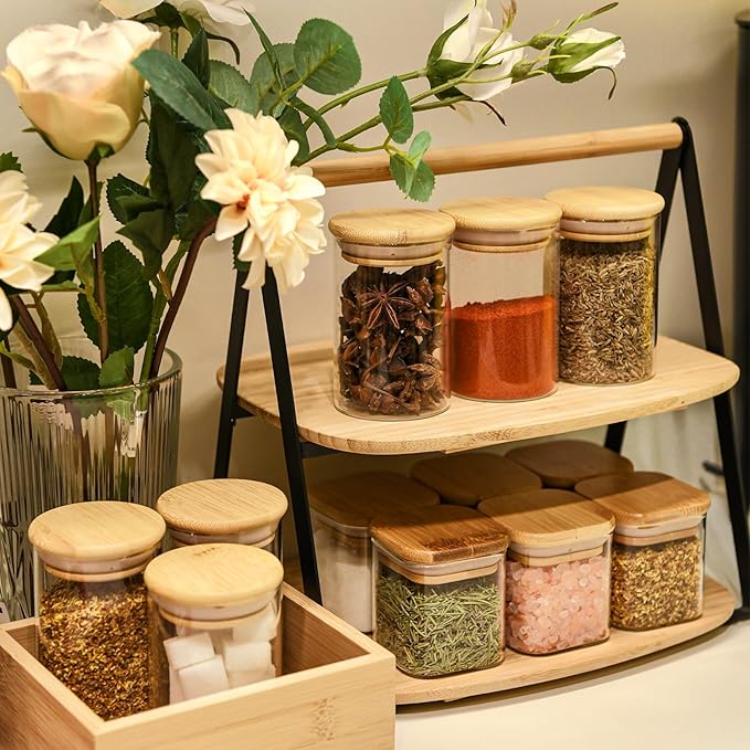 6oz Glass Food Storage Jars, Glass Jars with Bamboo Lids, Kitchen Storage Jars, Set of 12, Canisters with Airtight Lids for Spice, Coffee, Cookie, Pantry Organizers