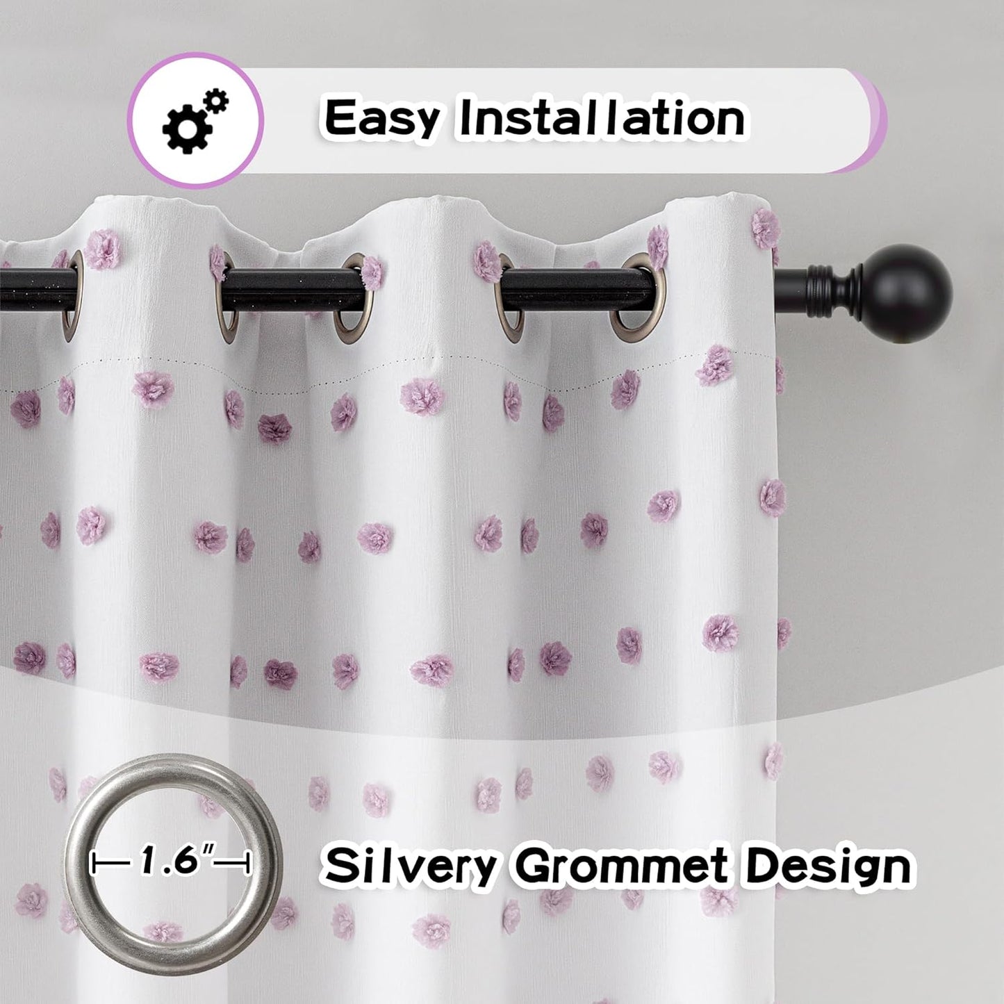 MYSKY HOME 100% Blackout Curtains for Living Room 95 Inch Long Total Light Blocking Curtains for Sliding Door 2 Panels Grommet Room Darkening Girls Bedroom Drapes with Purple Pom Pom Sheer 52 x 95 in