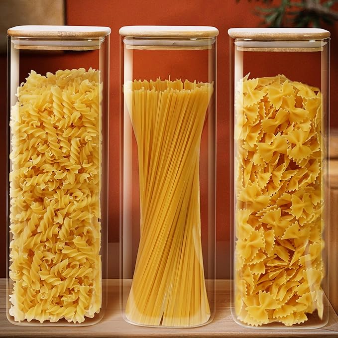 Square Glass Jars with Bamboo Lids 79 FL OZ [Set of 3], Glass Canisters with Airtight Lid, Glass Food Storage Containers for Spaghetti, Fettuccine, Linguine,Pasta, Best for Kitchen & Pantry