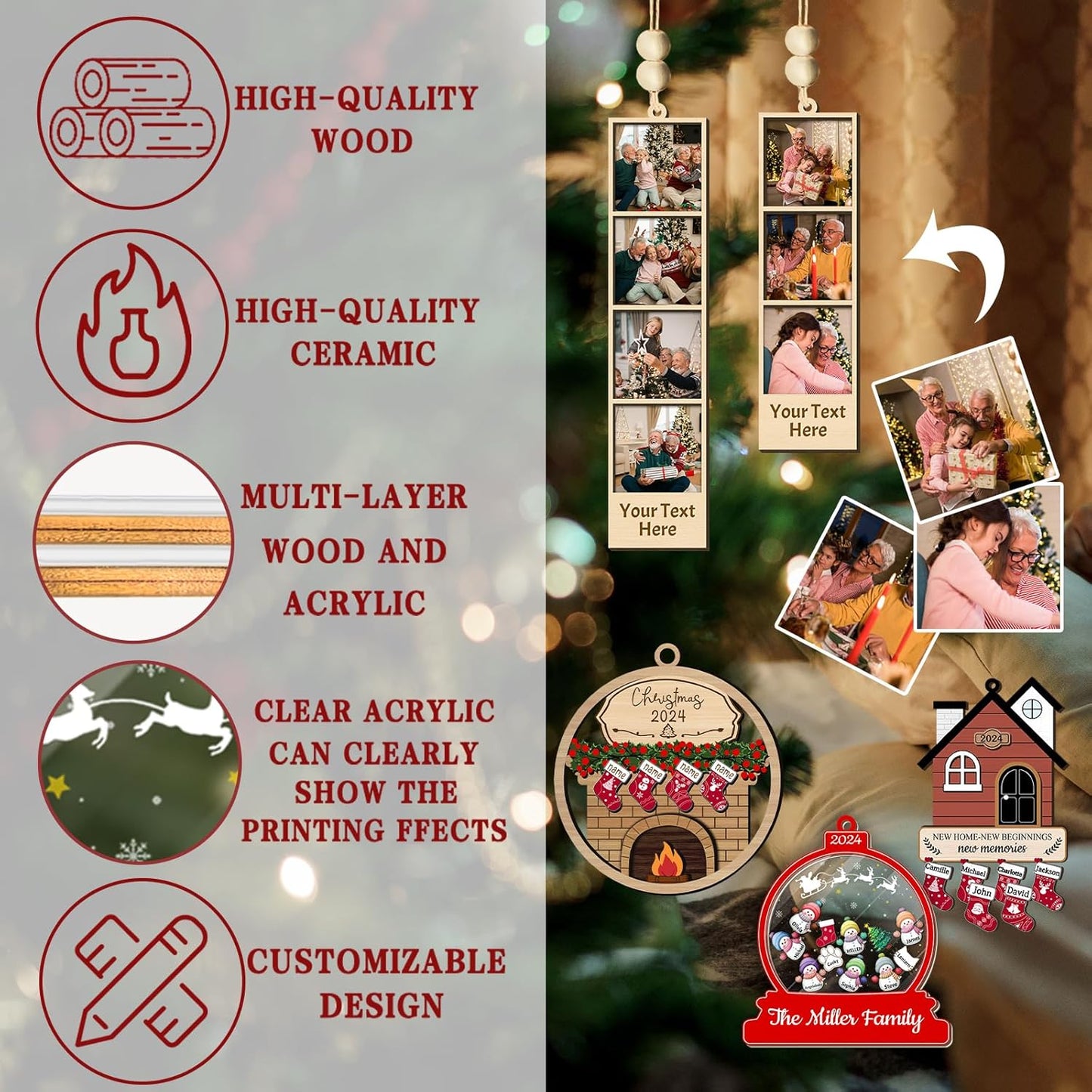 Personalized Christmas Ornaments with Names of 2/3/4/5/6/7/8 Custom Family Ornament Customized Xmas Tree Hanging Wood Decoration Gift White Fireplace