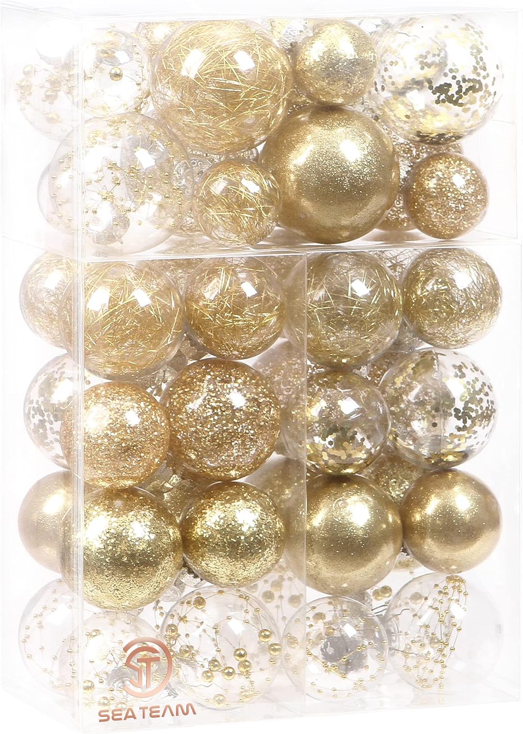 Sea Team Multi-Size Shatterproof Clear Plastic Christmas Tree Ball Ornaments Set, Decorative Hanging Transparent Xmas Baubles with Stuffed Delicate Decorations (48 Counts, Gold)