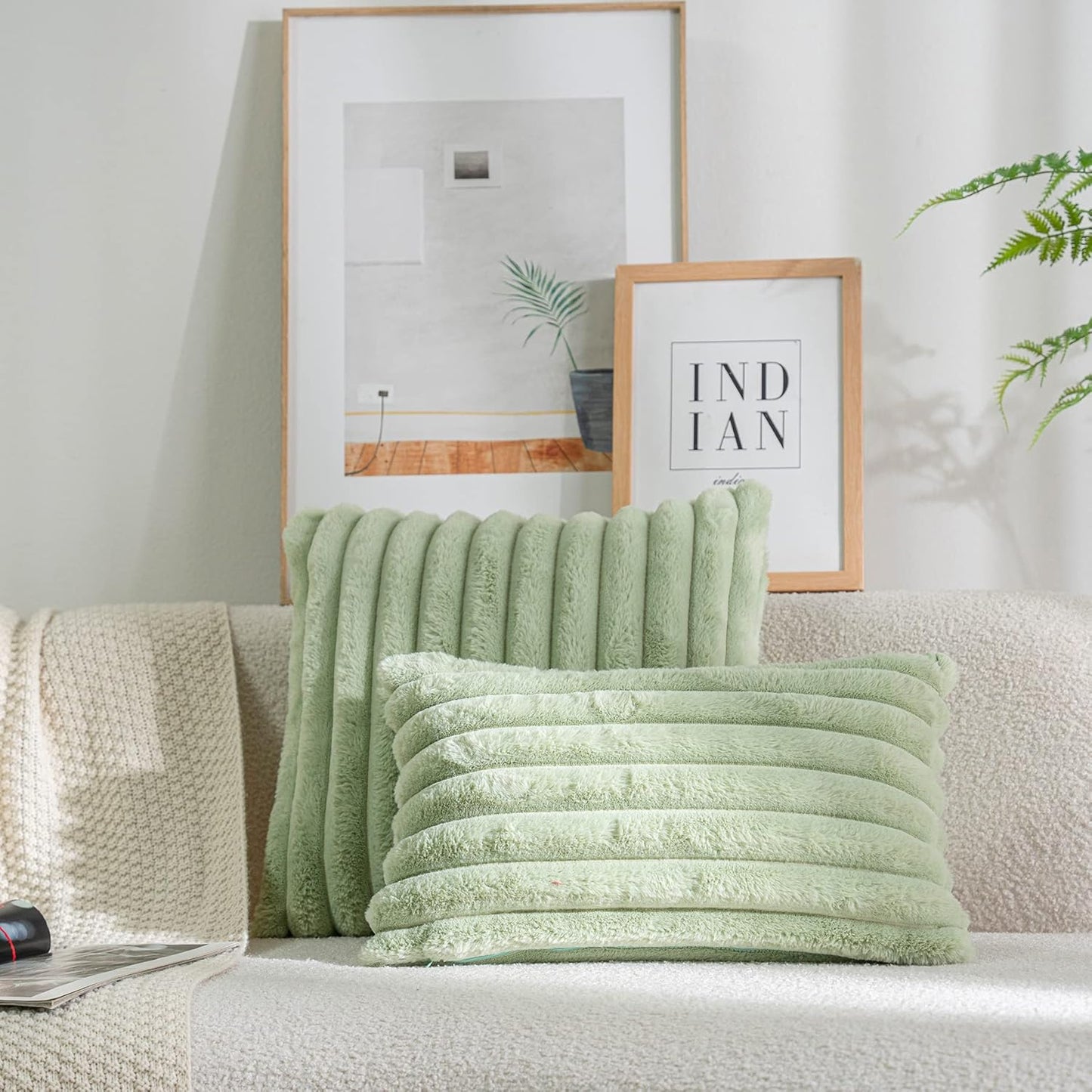 DEELAND Pack of 2,Double-Sided Faux Fur Plush Decorative Throw Pillow Covers Fuzzy Striped Soft Pillowcase Cushion Covers for Sofa Couch Bedroom Green 20x20 inch