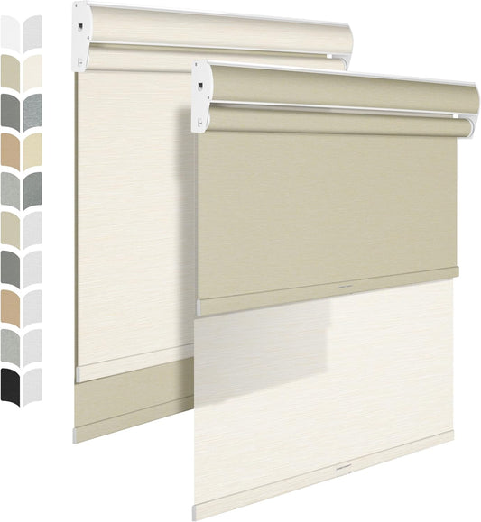 BERISSA Cordless Dual Roller Shades with Cassette Valance, Blackout and Light Filtering, Day and Night for Home Office Door. Striped Jacquard Beige. 28 W x 80" H
