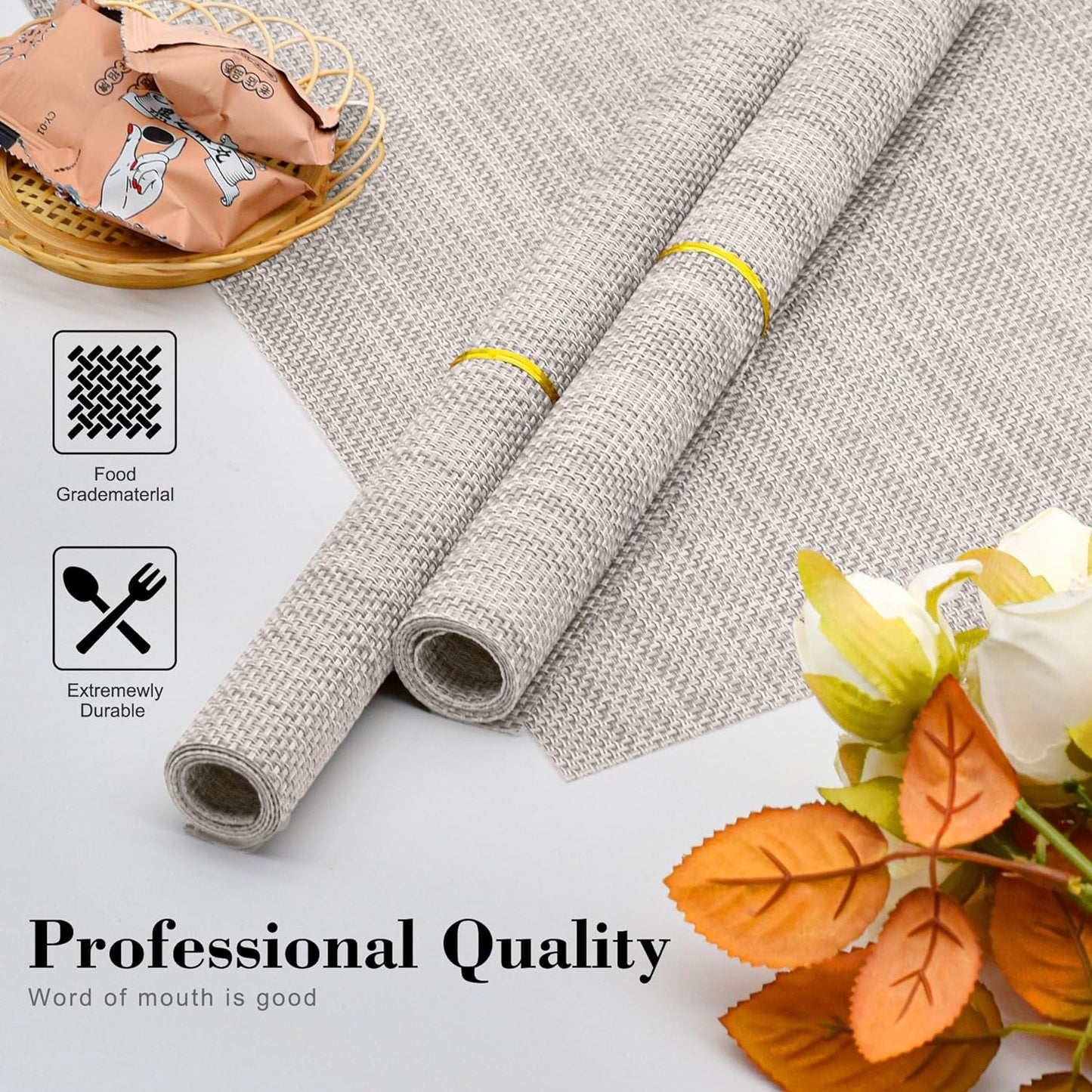 CADONO Placemats Set of 4 Washable Indoor/Outdoor Vinyl Place Mats for Dining Table Durable Non-Slip Heat Resistant PVC Weave Table Mats（Beige Green Cross）