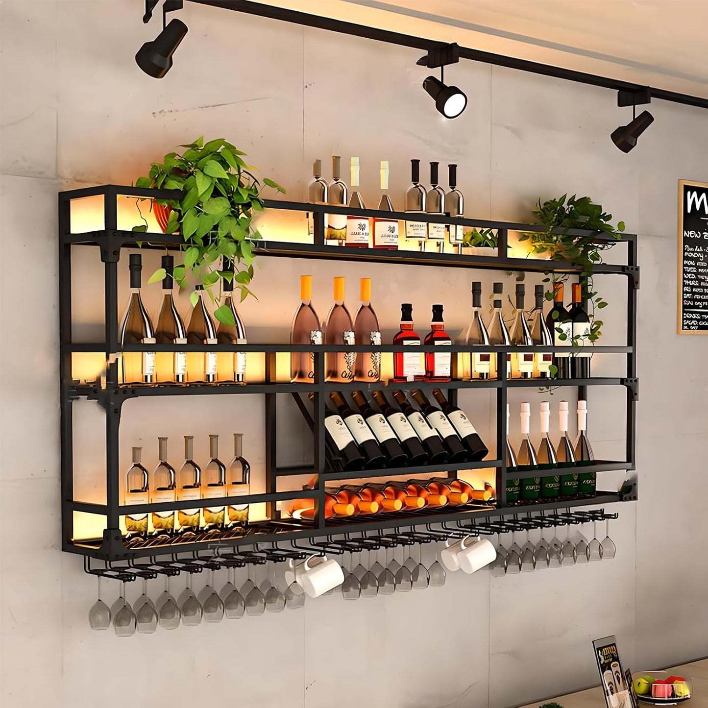 47.2in Wall Mounted Wine Rack, Wine Rack Wall Mounted With Wine Glass Rack, Metal Bar Bottle Display Shelf Wine Cups Hanging Holder, For Home Bar Cafe Dining Room Decoration (BLACK, 47.2*10*35.5inch)